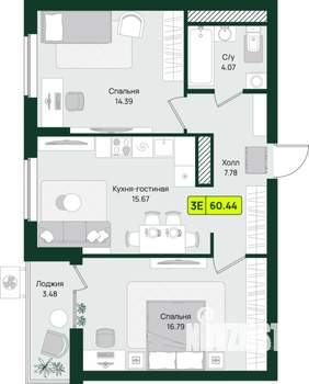 2-к квартира, строящийся дом, 60м2, 7/16 этаж