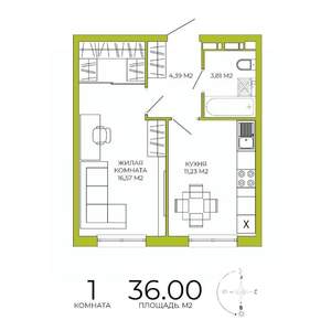 1-к квартира, строящийся дом, 36м2, 13/18 этаж