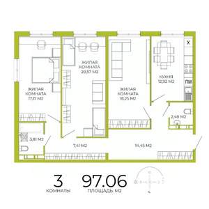 3-к квартира, строящийся дом, 97м2, 13/18 этаж