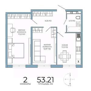 2-к квартира, вторичка, 53м2, 7/18 этаж
