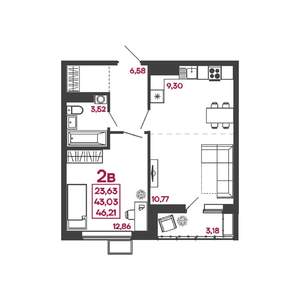 2-к квартира, вторичка, 46м2, 2/17 этаж