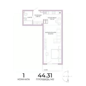1-к квартира, строящийся дом, 44м2, 2/17 этаж