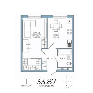 1-к квартира, строящийся дом, 34м2, 2/18 этаж