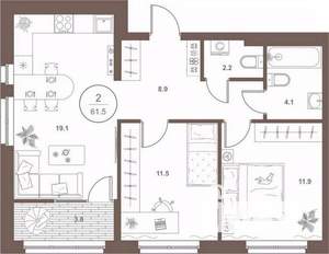 2-к квартира, вторичка, 61м2, 8/16 этаж