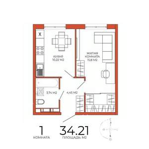 1-к квартира, строящийся дом, 34м2, 16/18 этаж