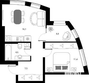 1-к квартира, вторичка, 44м2, 2/16 этаж