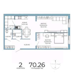 2-к квартира, строящийся дом, 70м2, 4/18 этаж