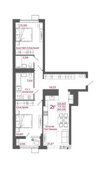 2-к квартира, вторичка, 80м2, 12/22 этаж