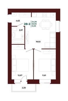 2-к квартира, вторичка, 52м2, 11/17 этаж