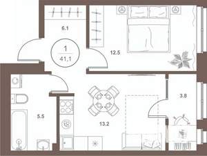 1-к квартира, вторичка, 41м2, 3/16 этаж