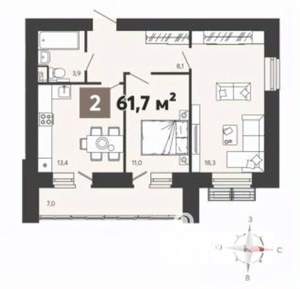 2-к квартира, вторичка, 62м2, 13/17 этаж