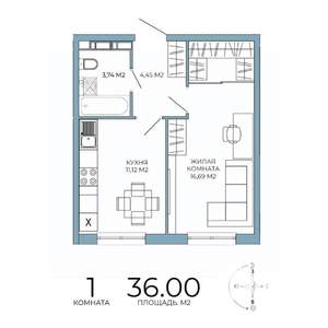 1-к квартира, строящийся дом, 36м2, 16/18 этаж