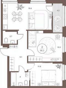 2-к квартира, вторичка, 66м2, 9/16 этаж