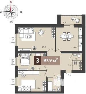 3-к квартира, вторичка, 98м2, 16/17 этаж