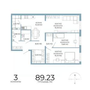 3-к квартира, строящийся дом, 89м2, 4/18 этаж