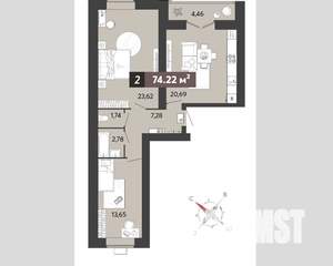2-к квартира, вторичка, 74м2, 11/16 этаж