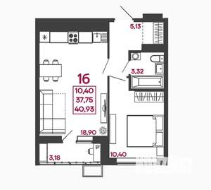 1-к квартира, вторичка, 41м2, 16/17 этаж