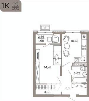 1-к квартира, вторичка, 41м2, 12/17 этаж