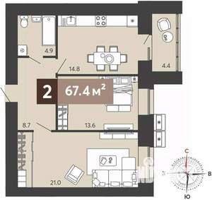 2-к квартира, вторичка, 67м2, 1/17 этаж