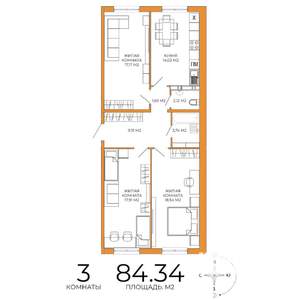 3-к квартира, строящийся дом, 84м2, 2/18 этаж