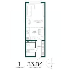 1-к квартира, строящийся дом, 34м2, 17/17 этаж