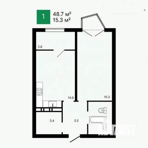 1-к квартира, вторичка, 49м2, 13/16 этаж