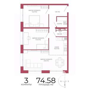 3-к квартира, строящийся дом, 75м2, 2/18 этаж