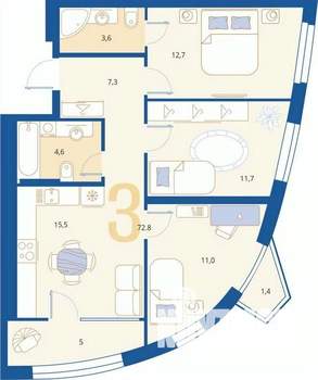 3-к квартира, вторичка, 73м2, 7/16 этаж