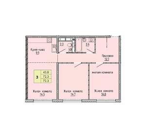 3-к квартира, строящийся дом, 72м2, 3/18 этаж