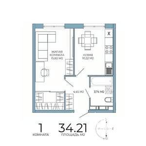 1-к квартира, строящийся дом, 34м2, 16/18 этаж