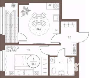 1-к квартира, вторичка, 39м2, 6/16 этаж