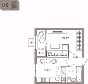 1-к квартира, вторичка, 37м2, 12/17 этаж
