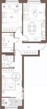 2-к квартира, вторичка, 64м2, 2/16 этаж