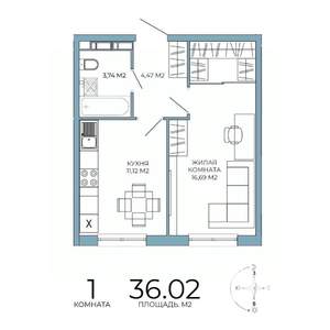 1-к квартира, строящийся дом, 36м2, 14/18 этаж