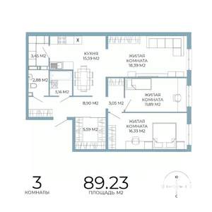 3-к квартира, строящийся дом, 89м2, 9/18 этаж
