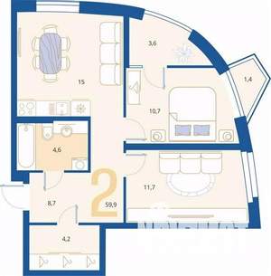 2-к квартира, вторичка, 61м2, 13/16 этаж