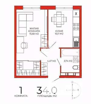 1-к квартира, вторичка, 34м2, 4/14 этаж