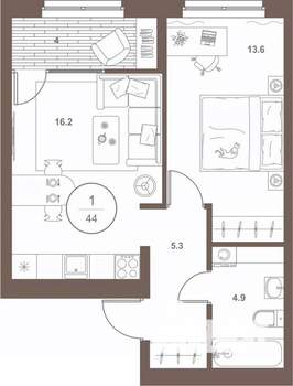 1-к квартира, вторичка, 44м2, 12/16 этаж