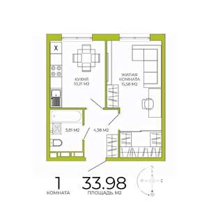 1-к квартира, строящийся дом, 34м2, 5/18 этаж