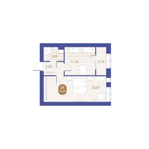 1-к квартира, вторичка, 43м2, 1/4 этаж