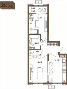 2-к квартира, вторичка, 57м2, 14/17 этаж