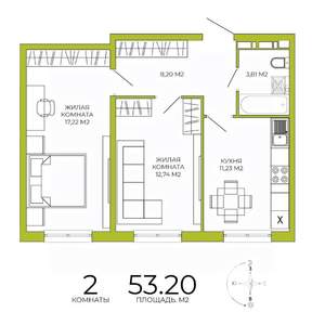 2-к квартира, вторичка, 53м2, 12/18 этаж