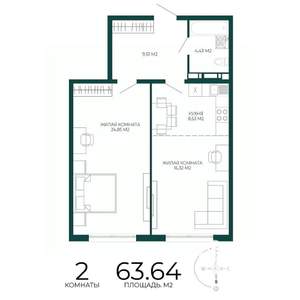 2-к квартира, строящийся дом, 64м2, 16/17 этаж