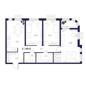 3-к квартира, вторичка, 90м2, 7/16 этаж
