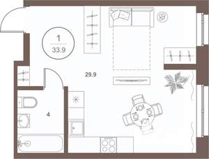 1-к квартира, вторичка, 34м2, 1/16 этаж