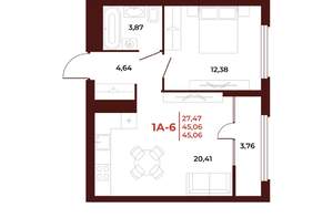 1-к квартира, вторичка, 45м2, 12/18 этаж