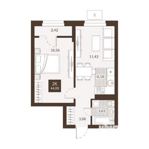 2-к квартира, вторичка, 44м2, 2/22 этаж