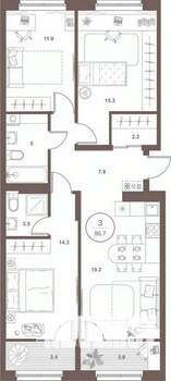 3-к квартира, вторичка, 86м2, 3/16 этаж
