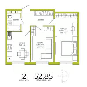 2-к квартира, строящийся дом, 53м2, 5/18 этаж