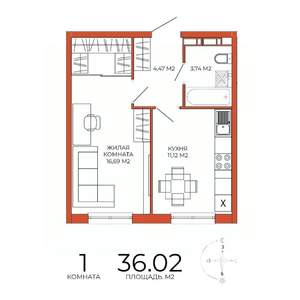 1-к квартира, вторичка, 36м2, 8/18 этаж